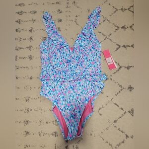 NWT Lilly Pulitzer Delphie Ruffled One-Piece Swimsuit - Hottie Dottie - size 14